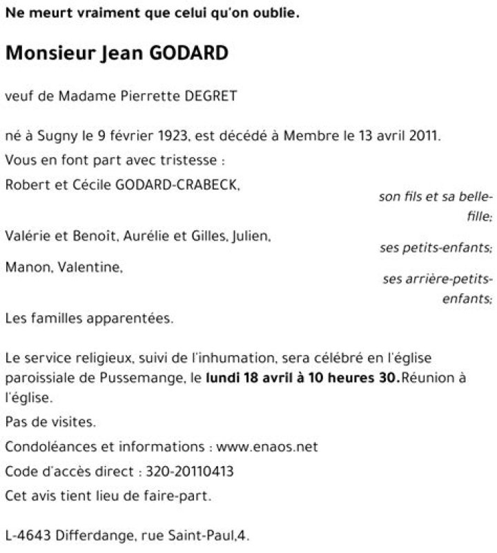 Deces Famille Godard